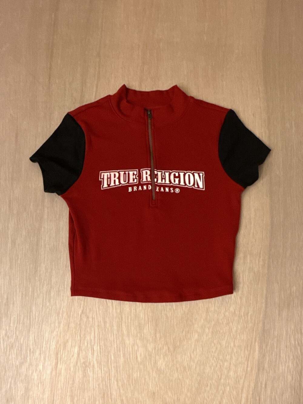 True Religion Red and Black Contrast Raglan Zip Neck Baby Tee
